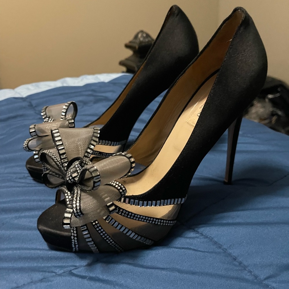 Valentino Garavani Black Satin Heels with Bow Detail